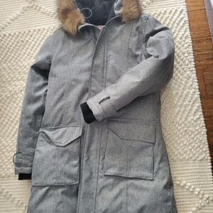 Gray Women's Parka with Faux Fur Trim